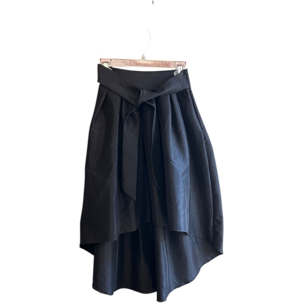 CEMI CERI high low pleated black skirt with satin sheen